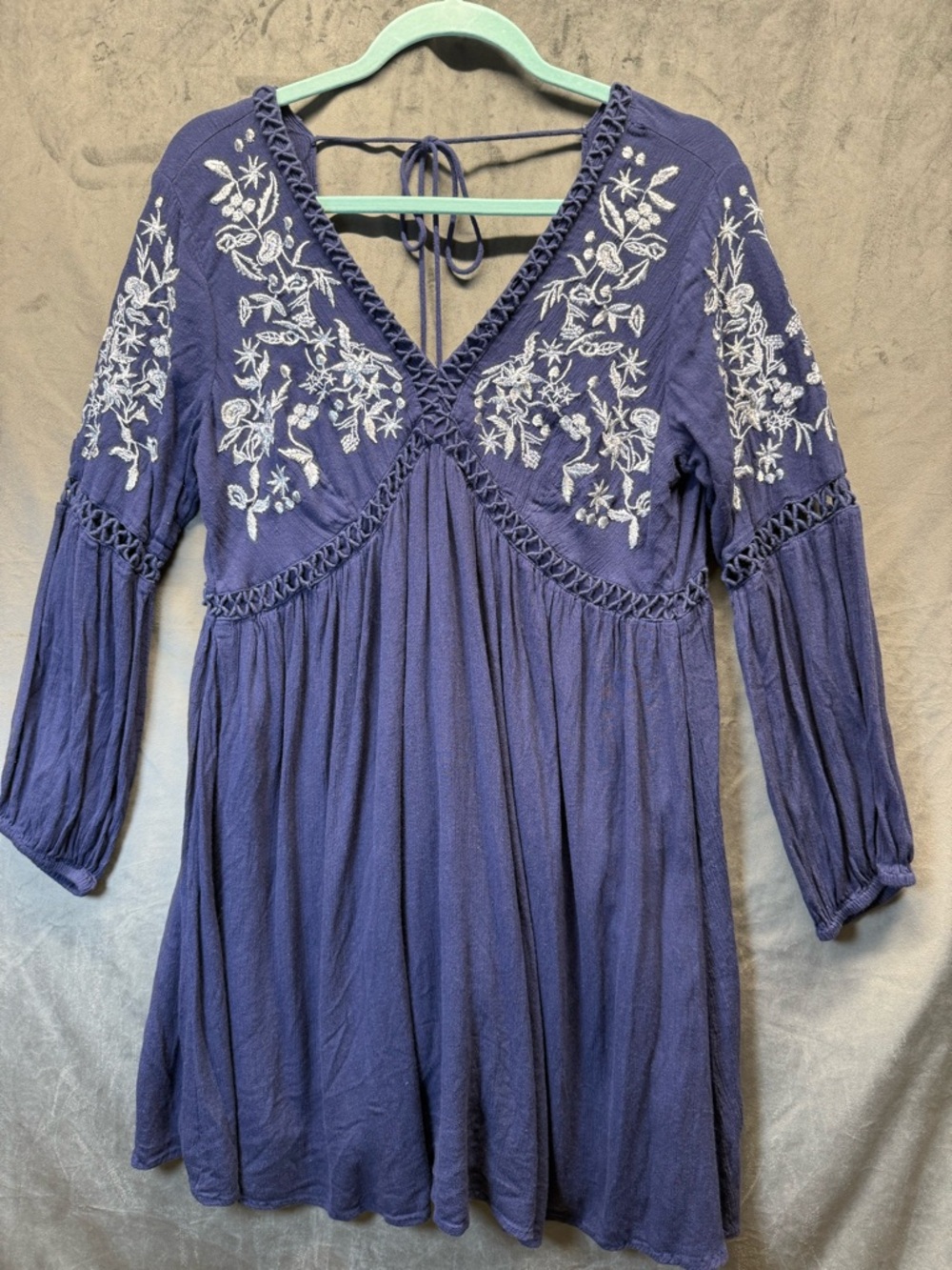Coastal Cowgirl Blue Rain embroidered bohemian mini dress long sleeve Vneckline